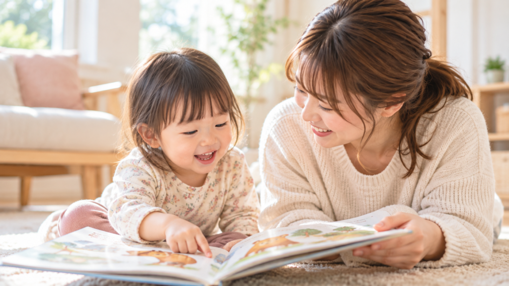 絵本を見ながら笑顔でやり取りする2歳の子どもと母親