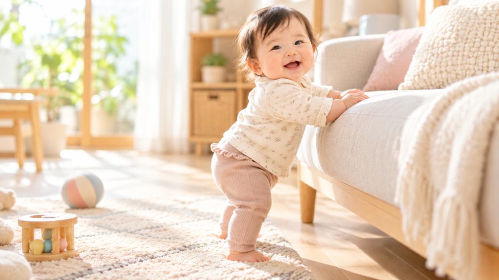 明るい室内ではいはいを楽しむ生後10か月ごろの赤ちゃん