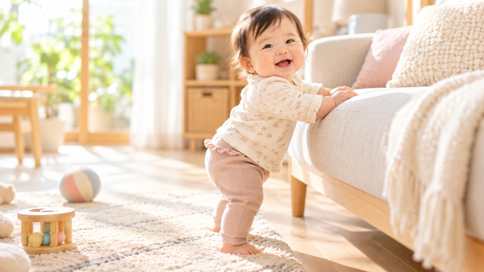 明るい室内ではいはいを楽しむ生後10か月ごろの赤ちゃん