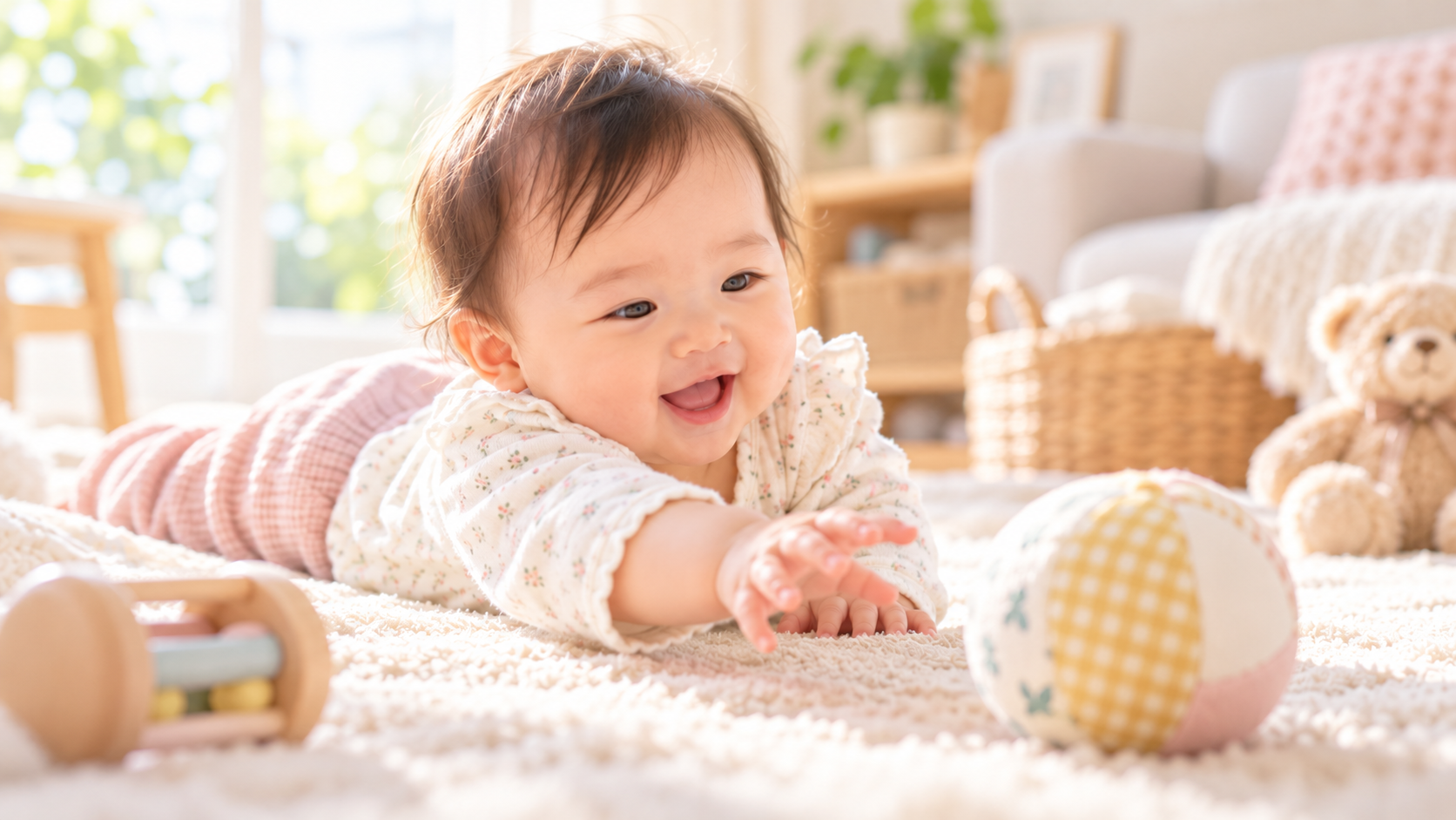 明るいリビングで布製のボールに手を伸ばして遊ぶ生後7か月ごろの赤ちゃん